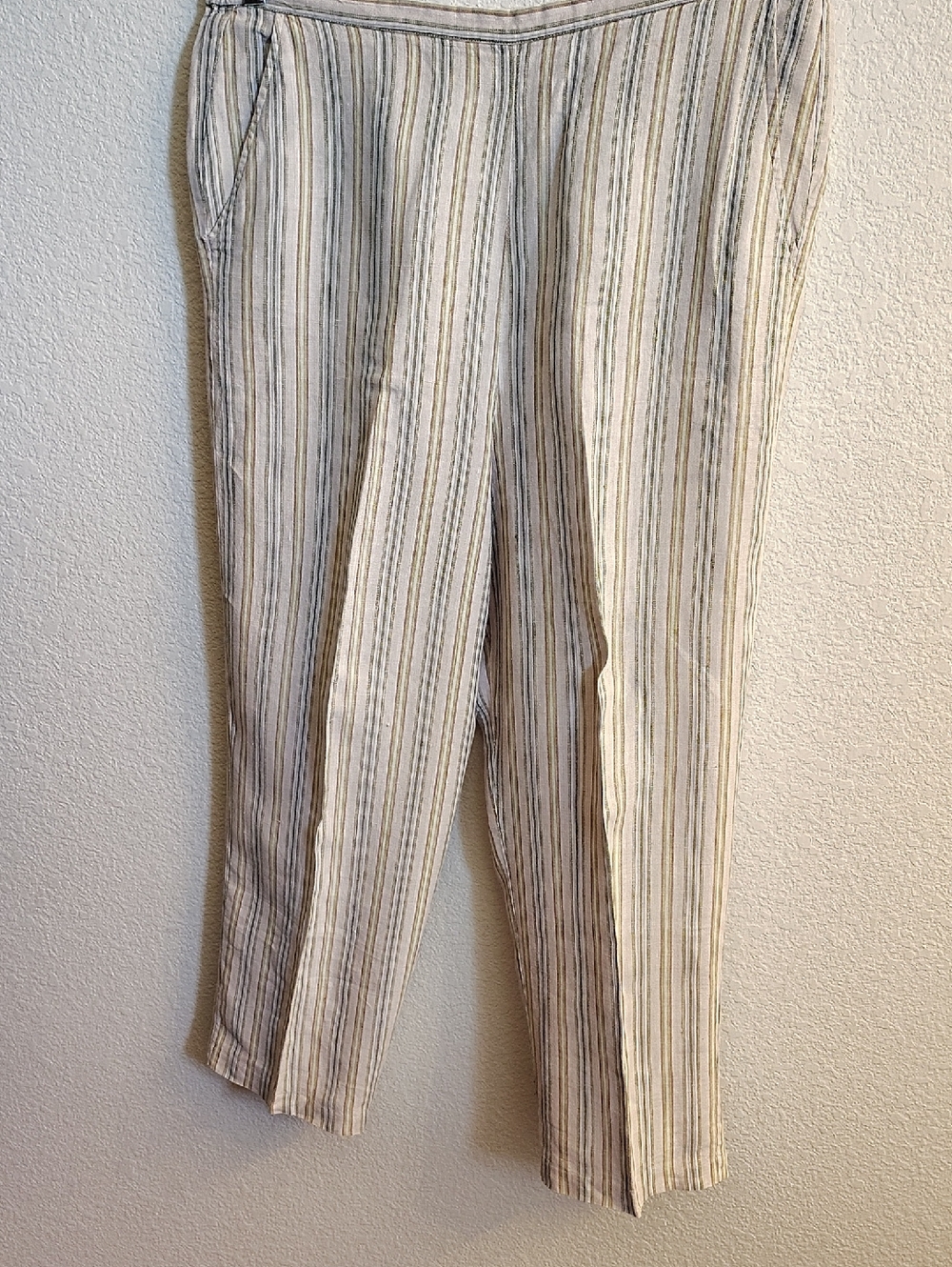 Coldwater Creek Linen Women's Sz PL Cream Green Pockets Striped Chinos A7 X P
